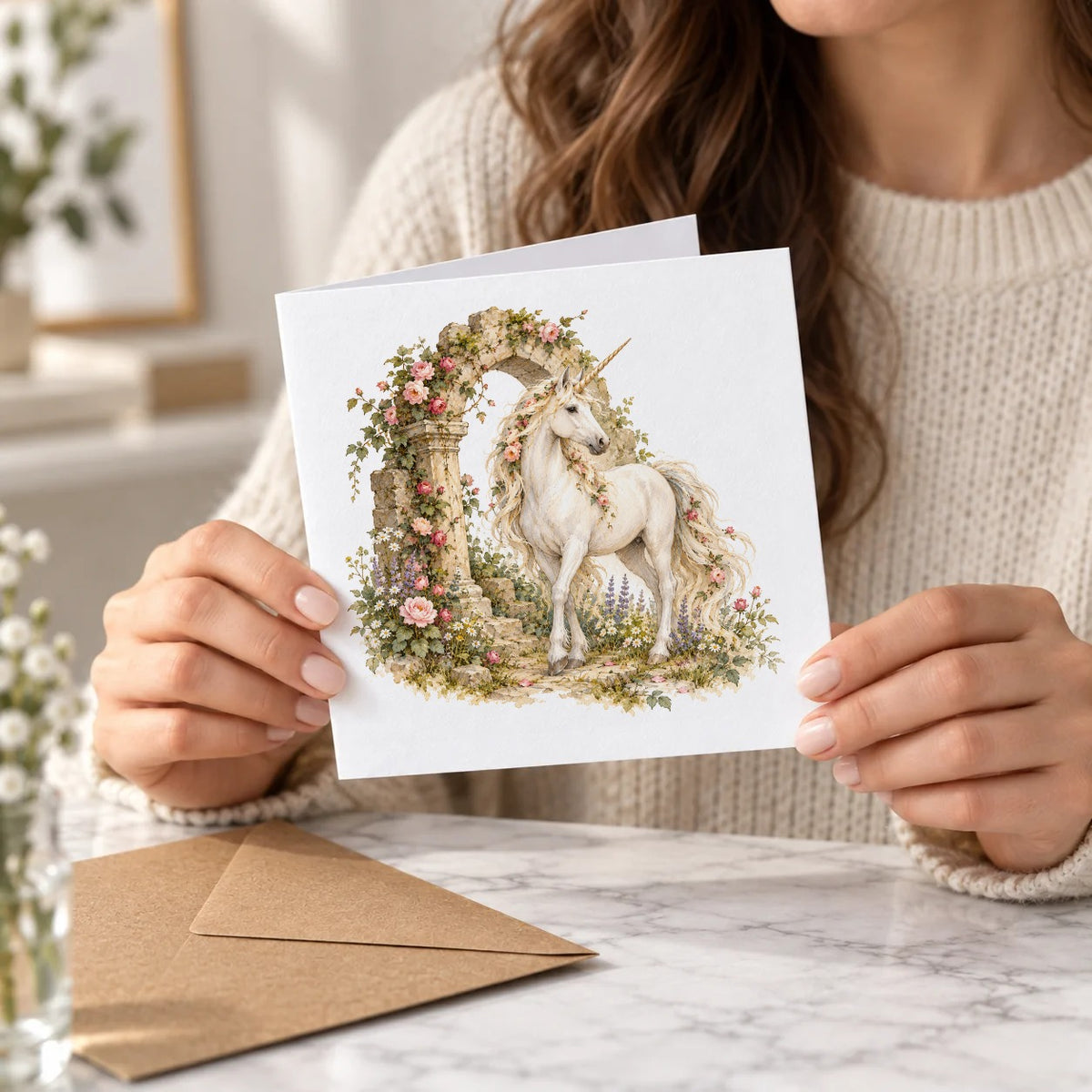 Unicorn and Rose Arch Greeting Card – Held Card