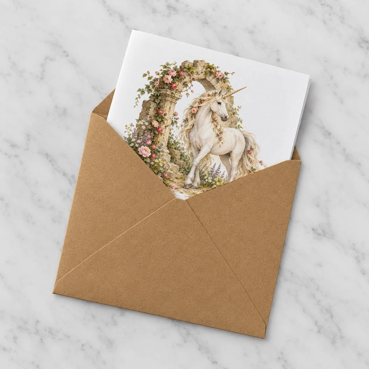 Unicorn and Rose Arch Greeting Card – Half in Envelope
