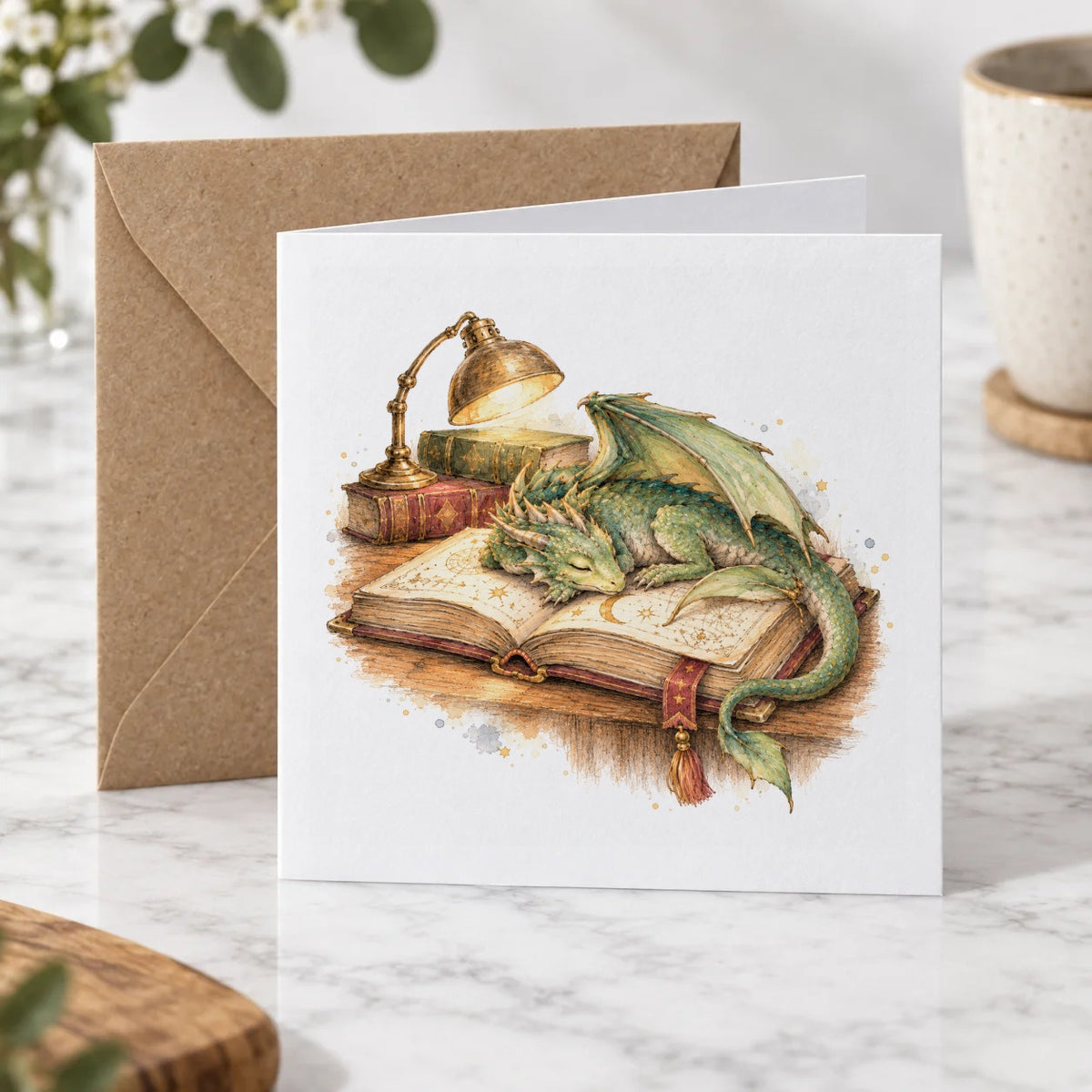 Sleeping Dragon on a Spellbook Greeting Card – Hero