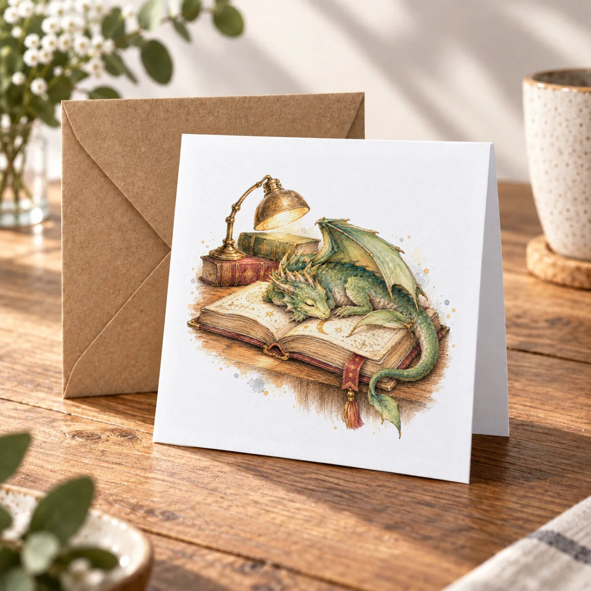 Sleeping Dragon on a Spellbook Greeting Card – Warm Wood