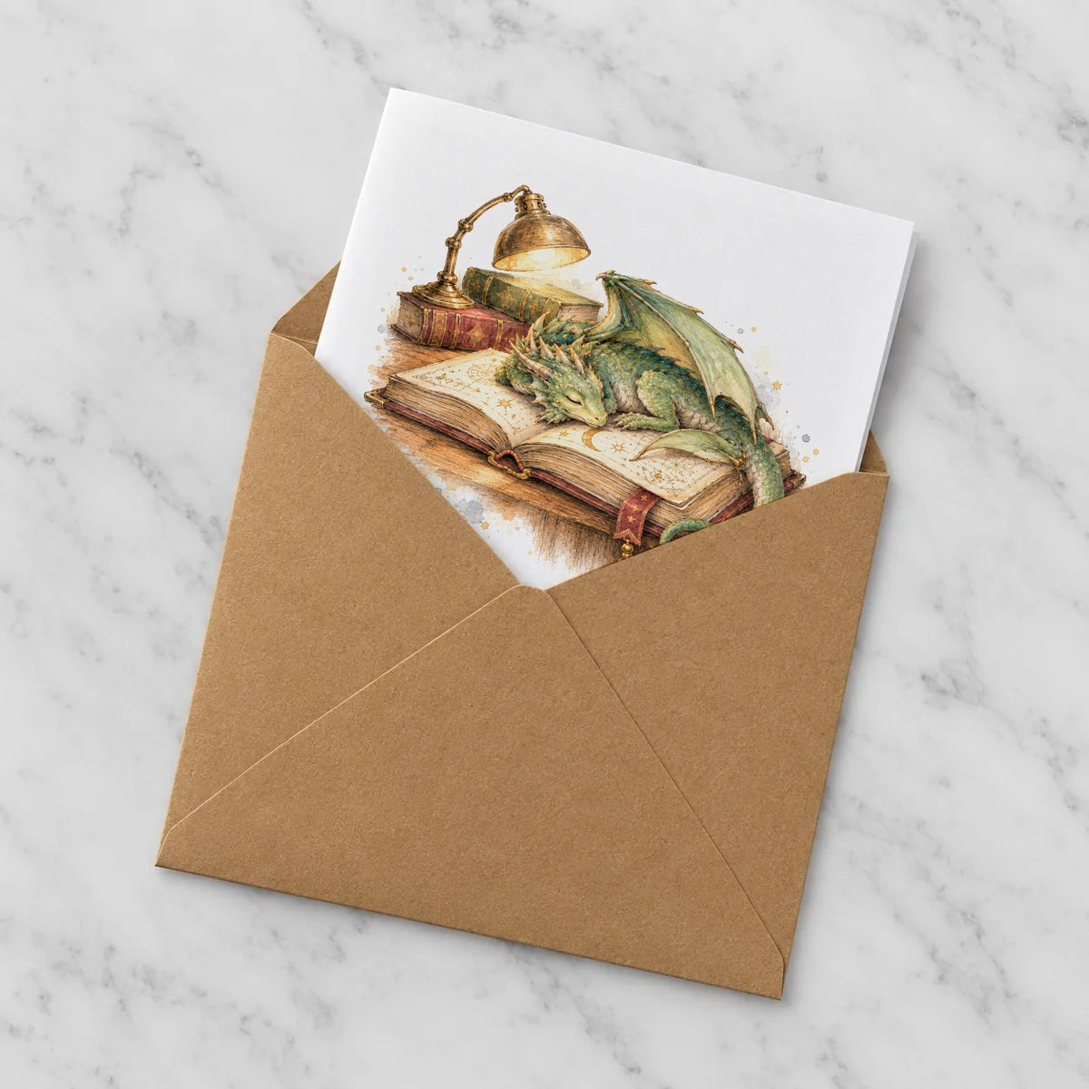 Sleeping Dragon on a Spellbook Greeting Card – Half in Envelope