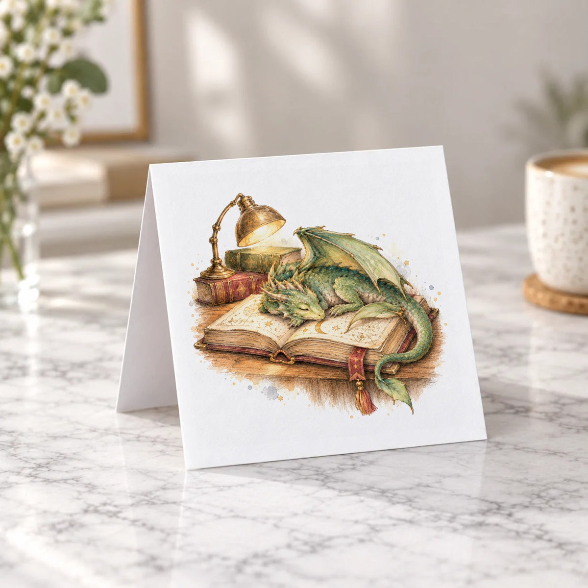 Sleeping Dragon on a Spellbook Greeting Card – Tent Fold