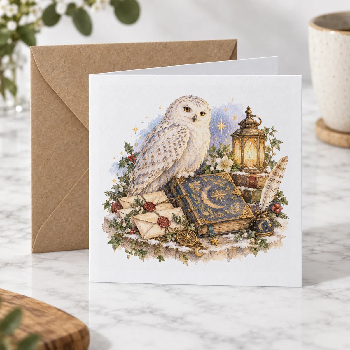 Snowy Owl with Lantern and Enchanted Letters Greeting Card – Hero