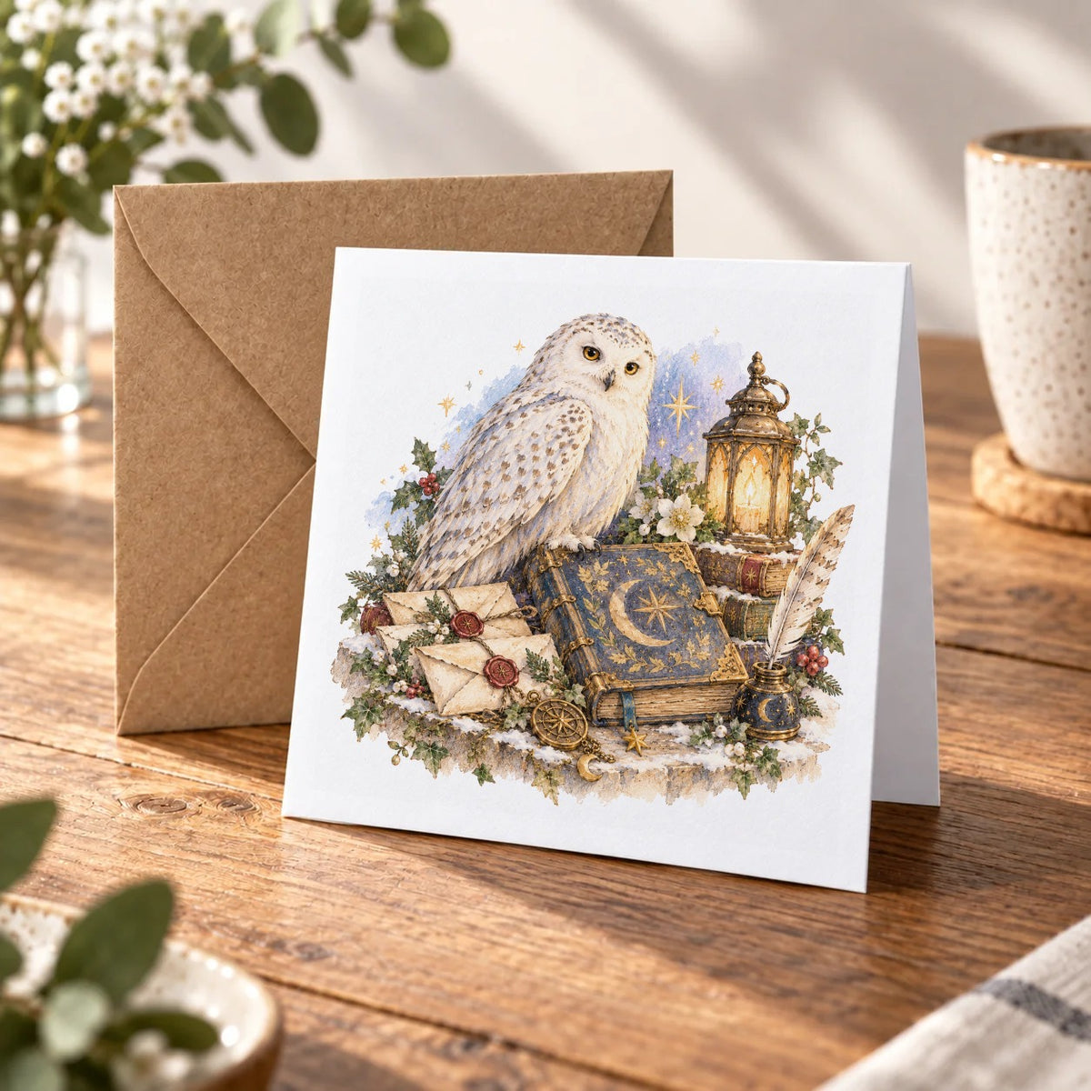 Snowy Owl with Lantern and Enchanted Letters Greeting Card – Warm Wood
