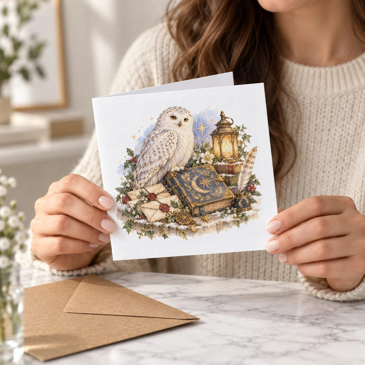 Snowy Owl with Lantern and Enchanted Letters Greeting Card – Held Card