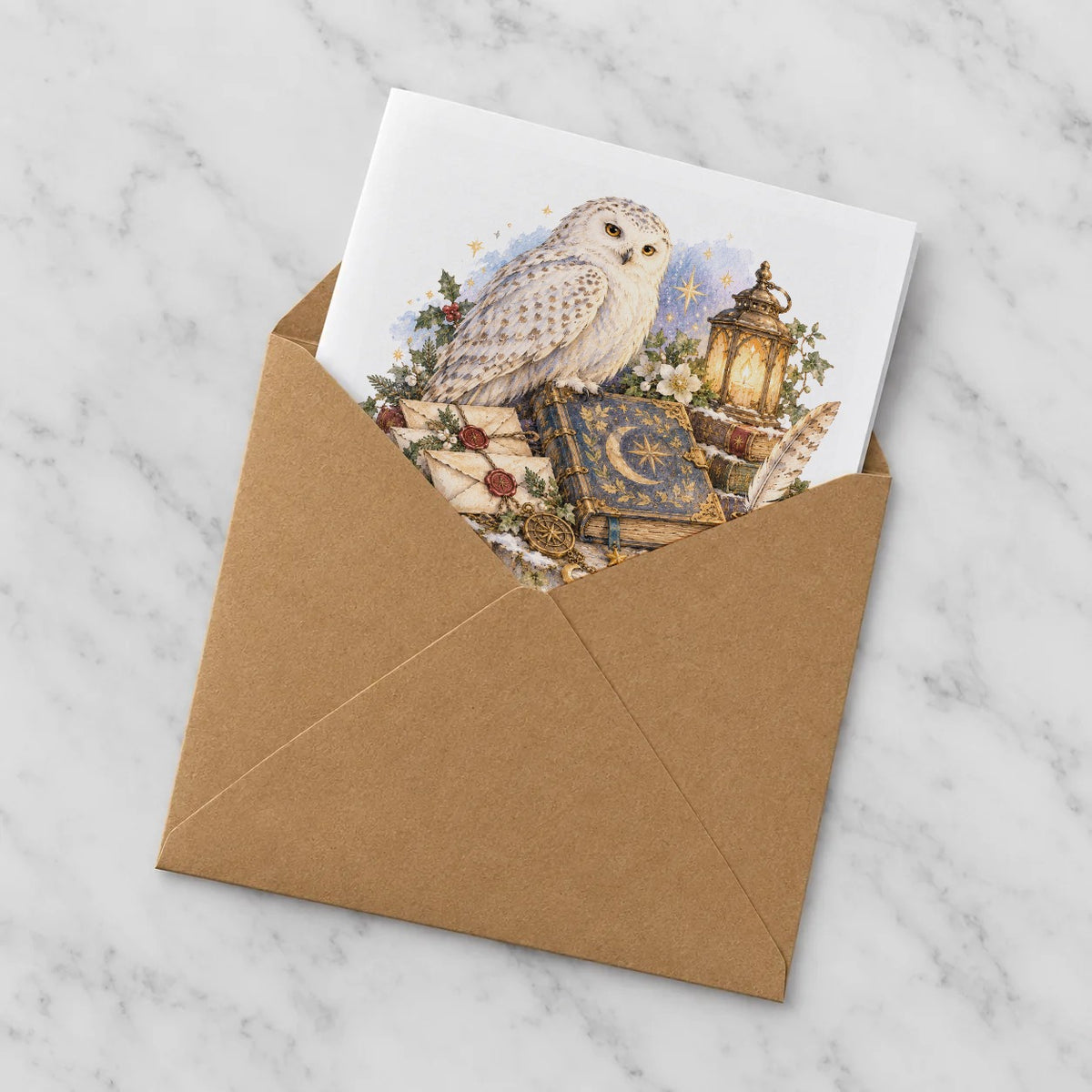 Snowy Owl with Lantern and Enchanted Letters Greeting Card – Half in Envelope