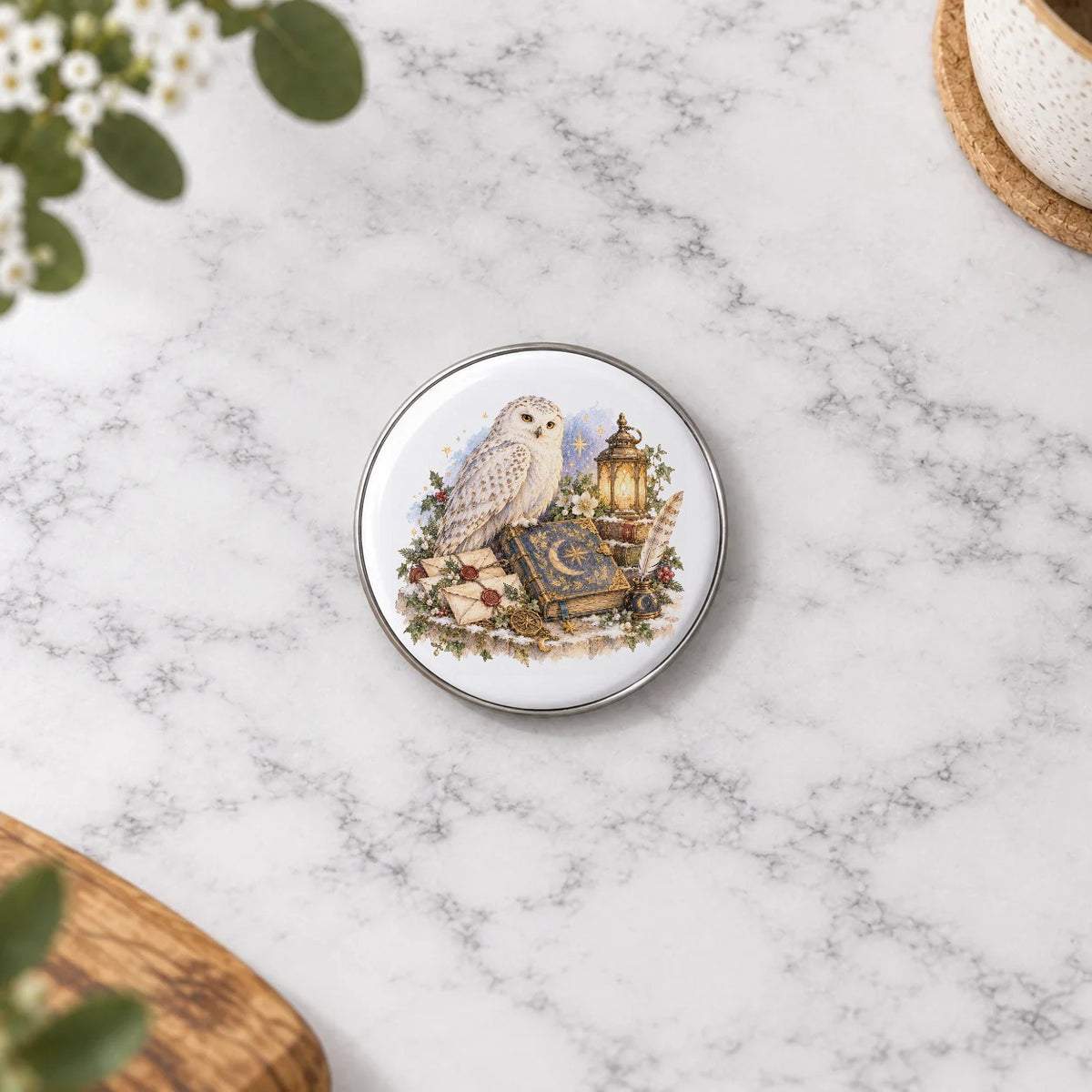Snowy Owl with Lantern and Enchanted Letters Greeting Card – Badge Small