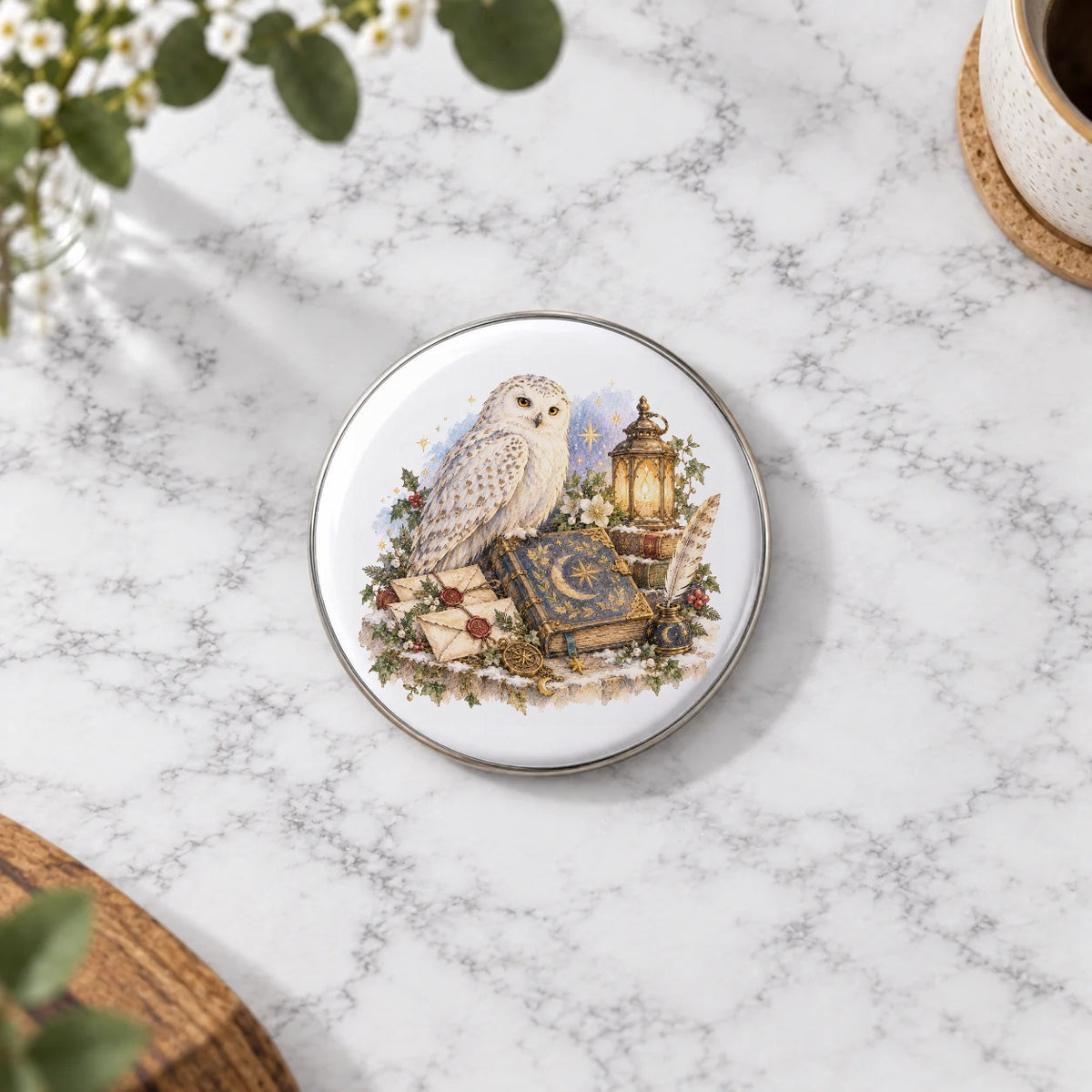Snowy Owl with Lantern and Enchanted Letters Greeting Card – Badge Large