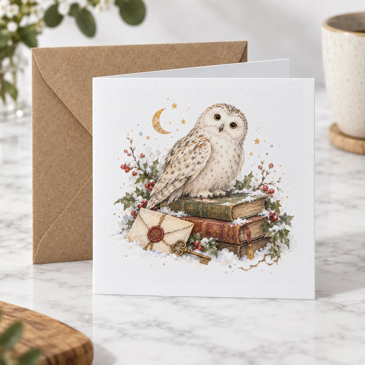 Snowy Owl and Winter Books Greeting Card – Hero