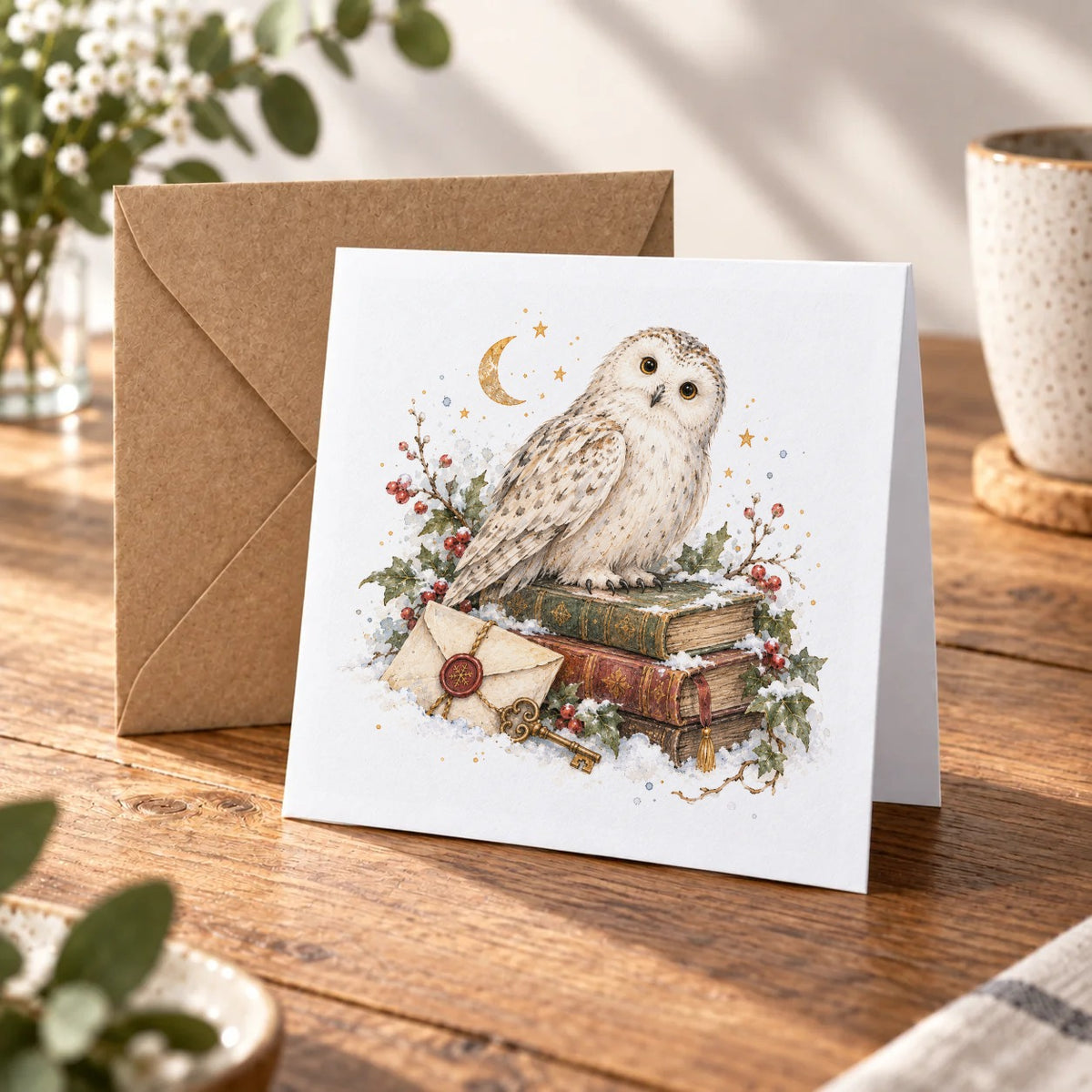 Snowy Owl and Winter Books Greeting Card – Warm Wood