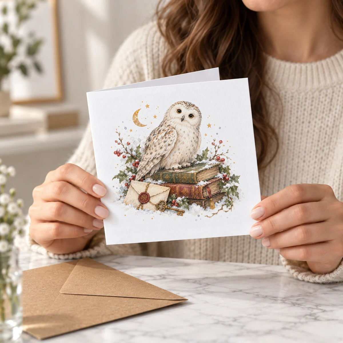 Snowy Owl and Winter Books Greeting Card – Held Card