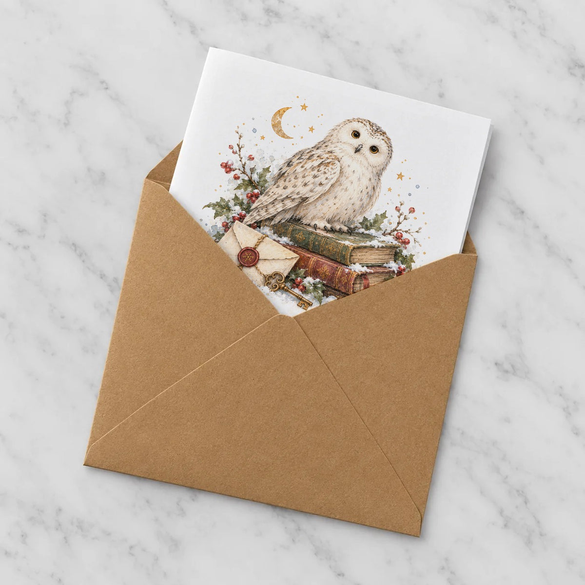 Snowy Owl and Winter Books Greeting Card – Half in Envelope