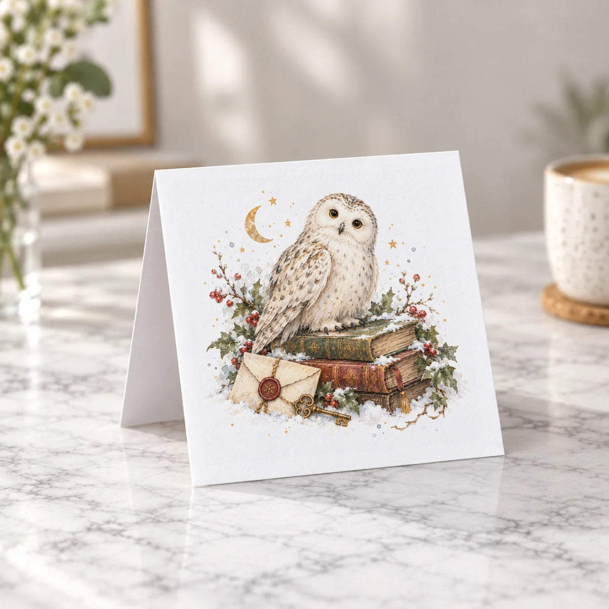 Snowy Owl and Winter Books Greeting Card – Tent Fold