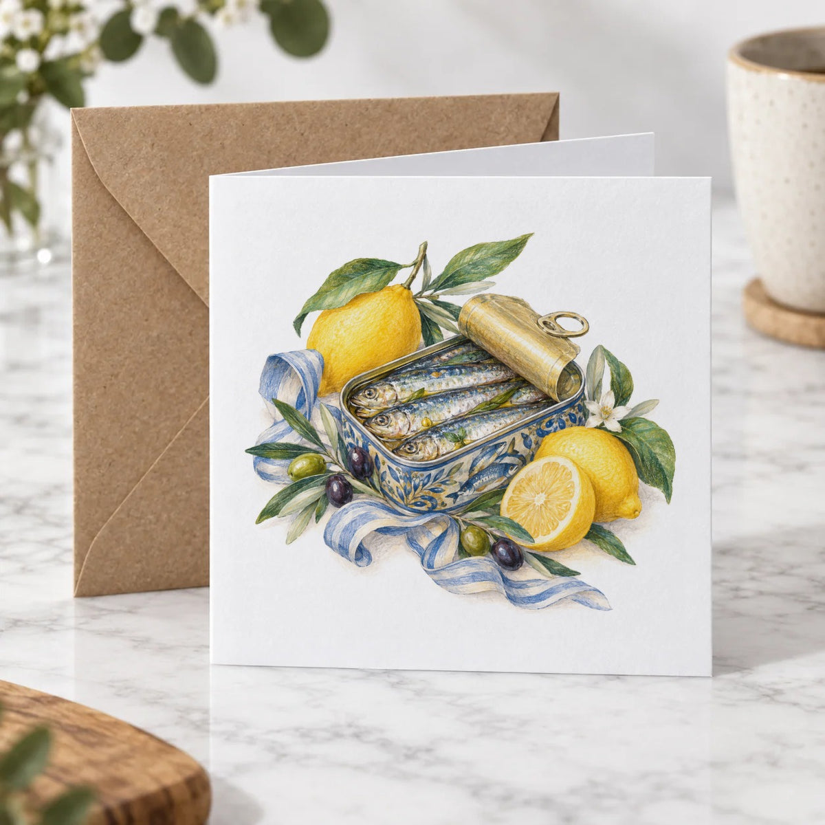 Sardine Tin and Lemons Greeting Card – Hero
