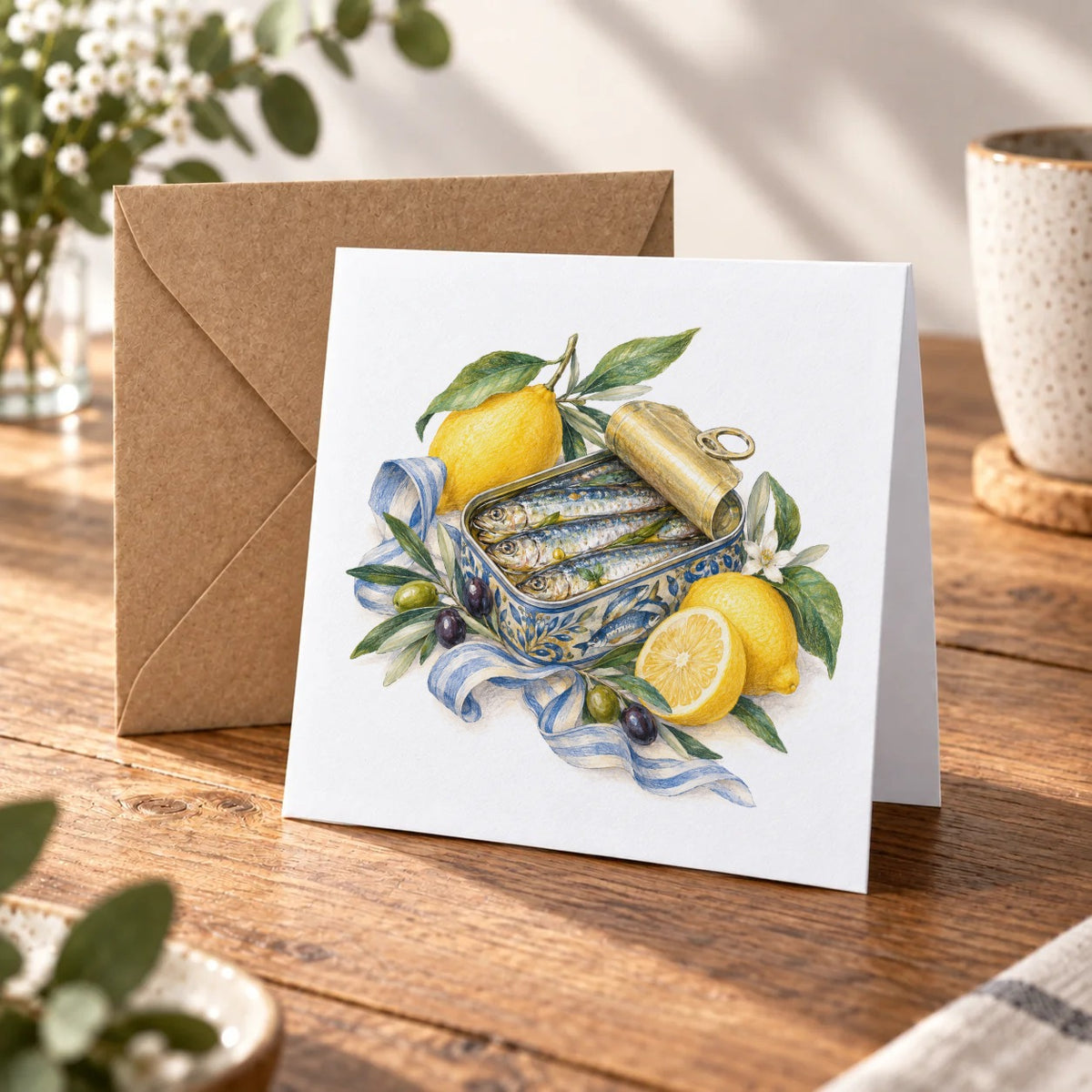 Sardine Tin and Lemons Greeting Card – Warm Wood