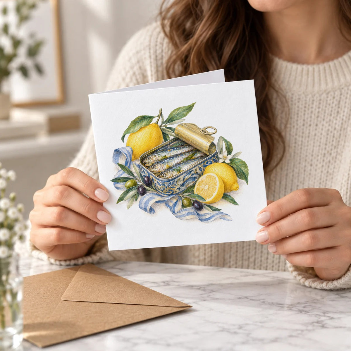 Sardine Tin and Lemons Greeting Card – Held Card