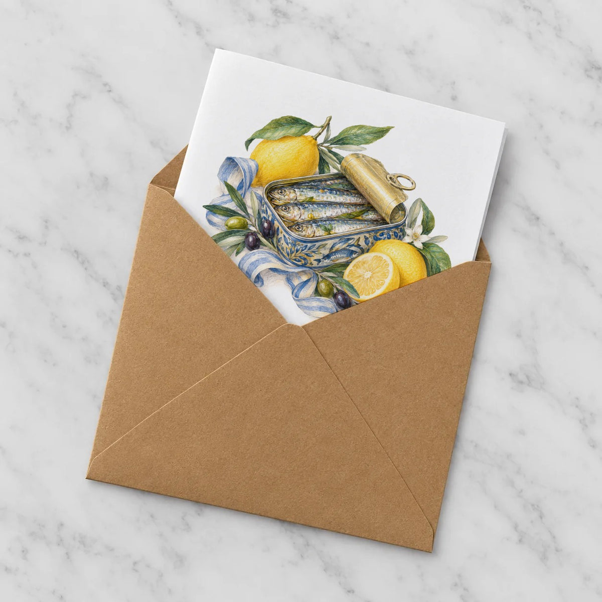 Sardine Tin and Lemons Greeting Card – Half in Envelope
