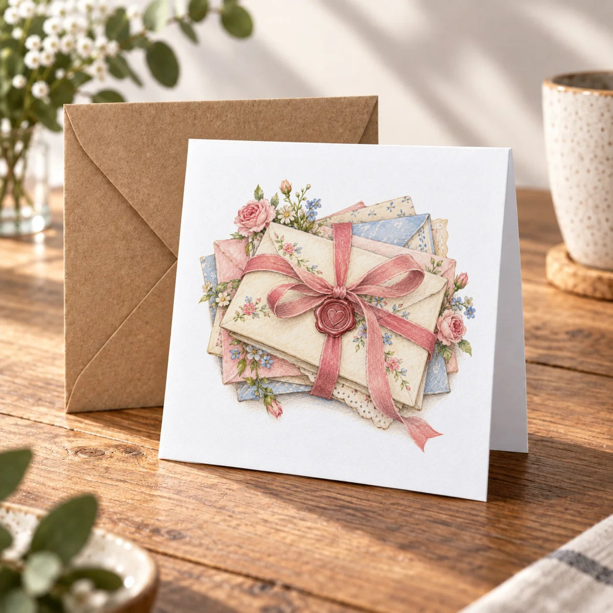 Vintage Letters and Pink Ribbon Greeting Card – Warm Wood