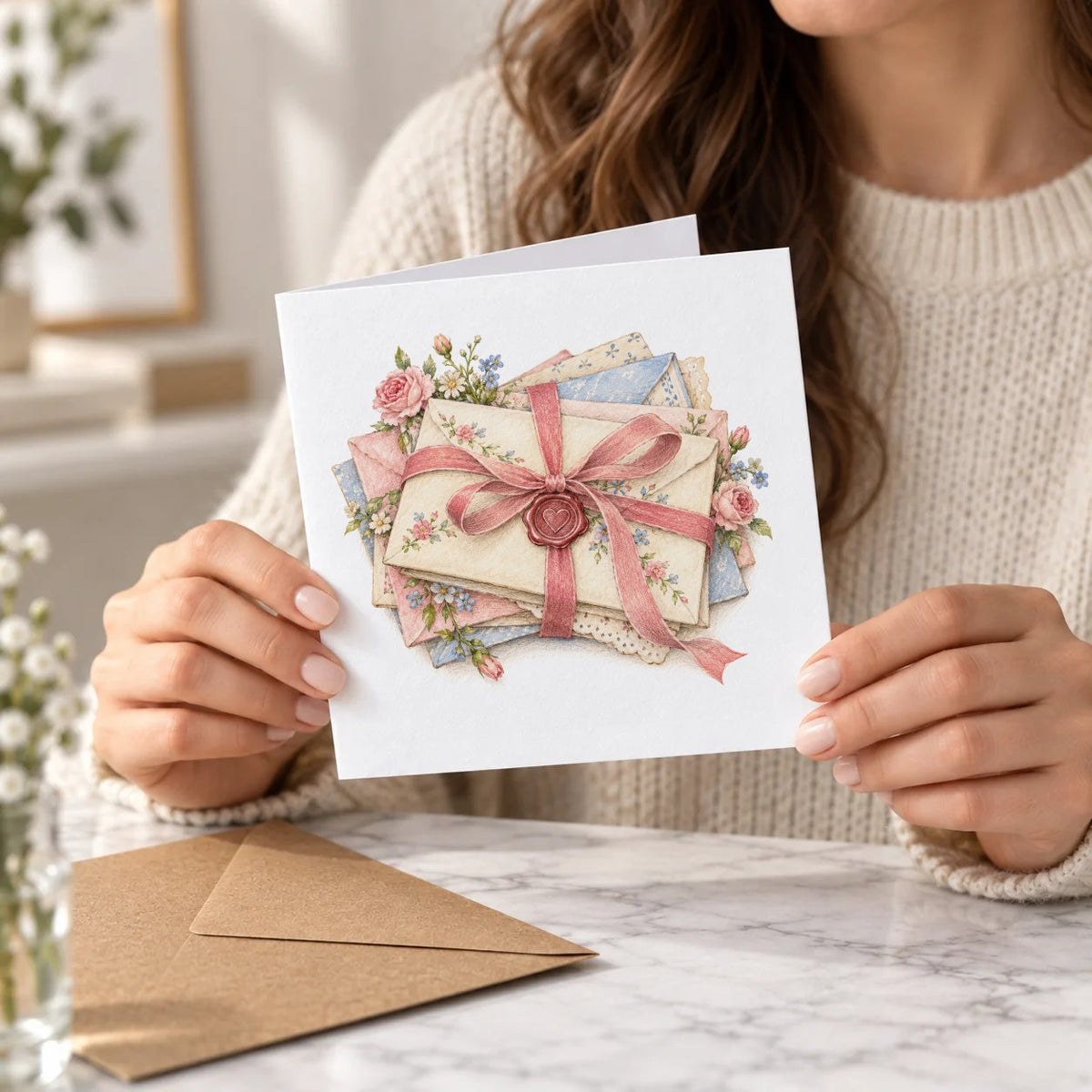 Vintage Letters and Pink Ribbon Greeting Card – Held Card