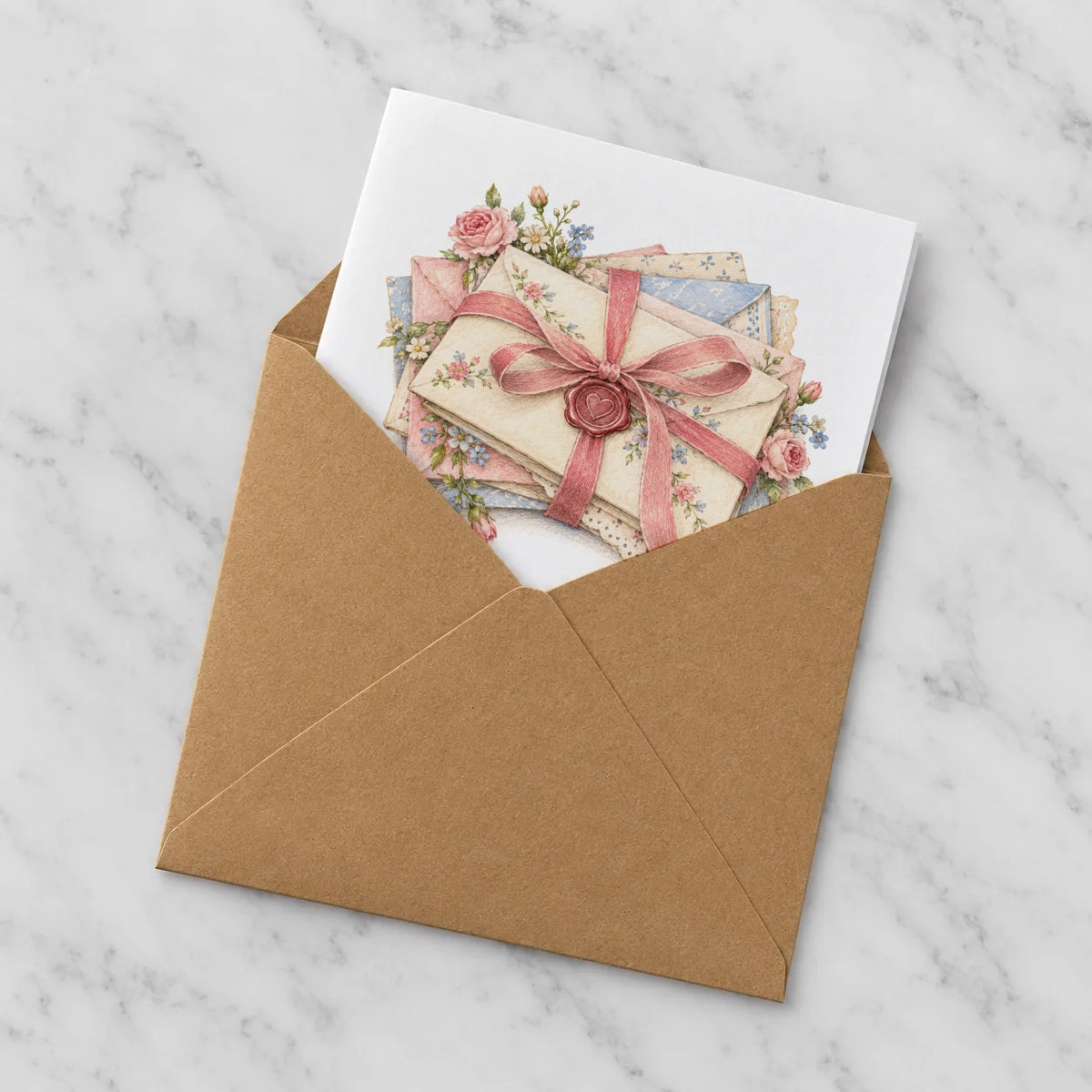 Vintage Letters and Pink Ribbon Greeting Card – Half in Envelope