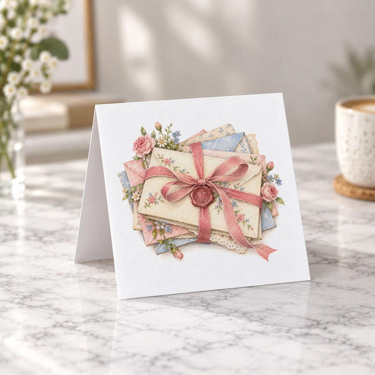 Vintage Letters and Pink Ribbon Greeting Card – Tent Fold