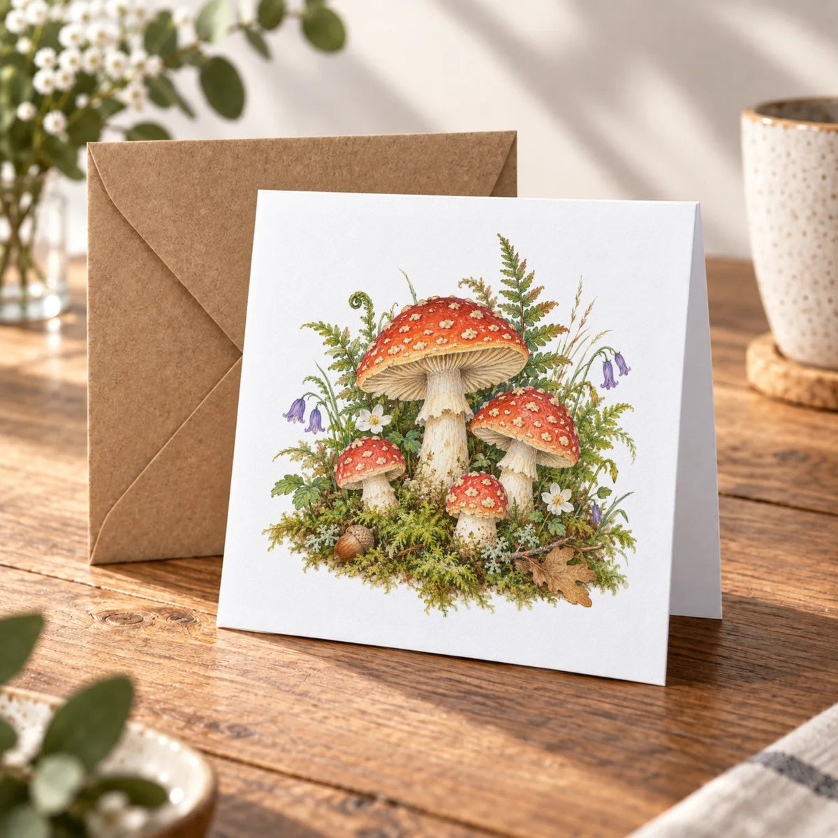 Woodland Toadstools and Ferns Greeting Card – Warm Wood