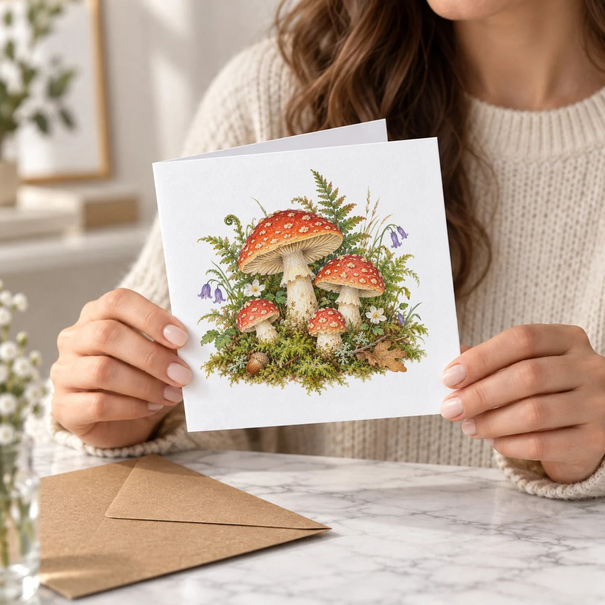 Woodland Toadstools and Ferns Greeting Card – Held Card