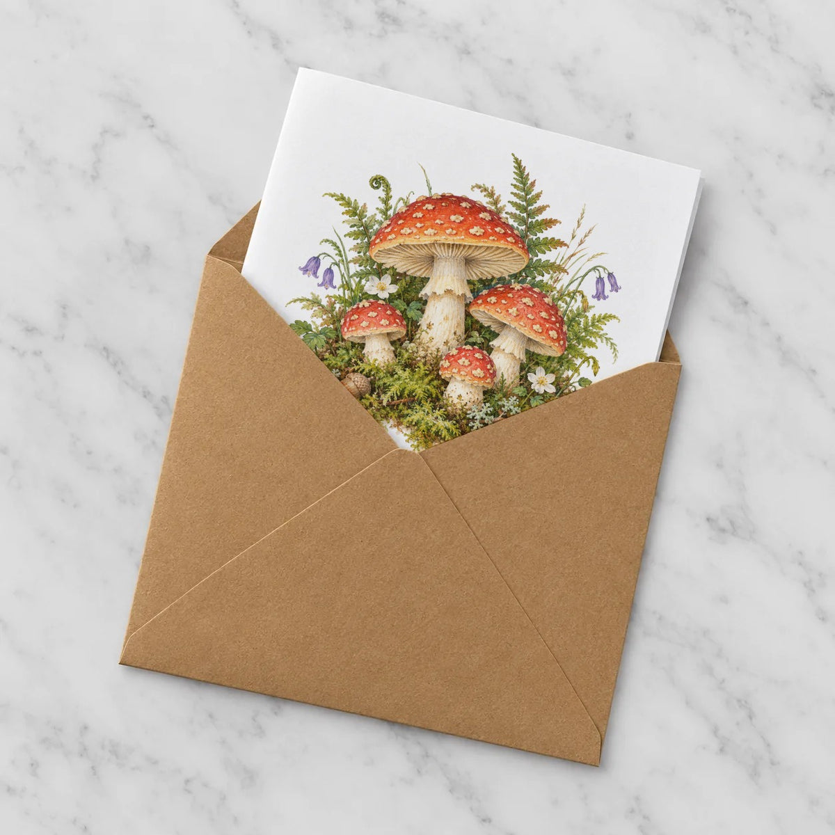 Woodland Toadstools and Ferns Greeting Card – Half in Envelope