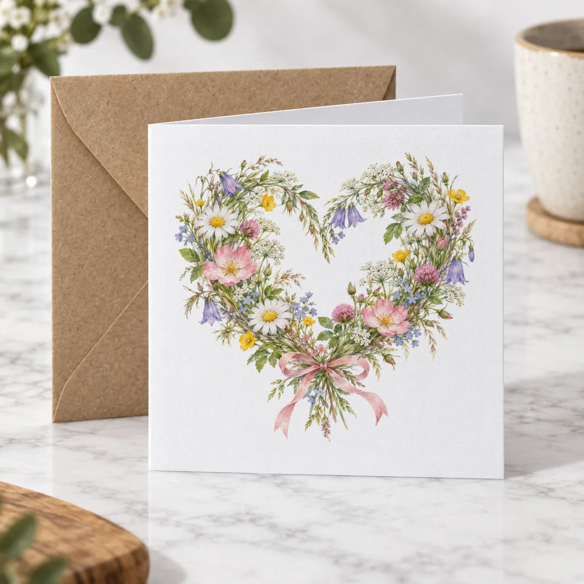 Wildflower Heart Wreath Greeting Card – Hero