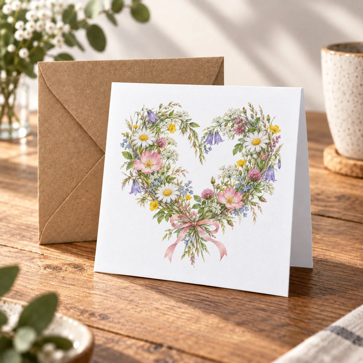 Wildflower Heart Wreath Greeting Card – Warm Wood