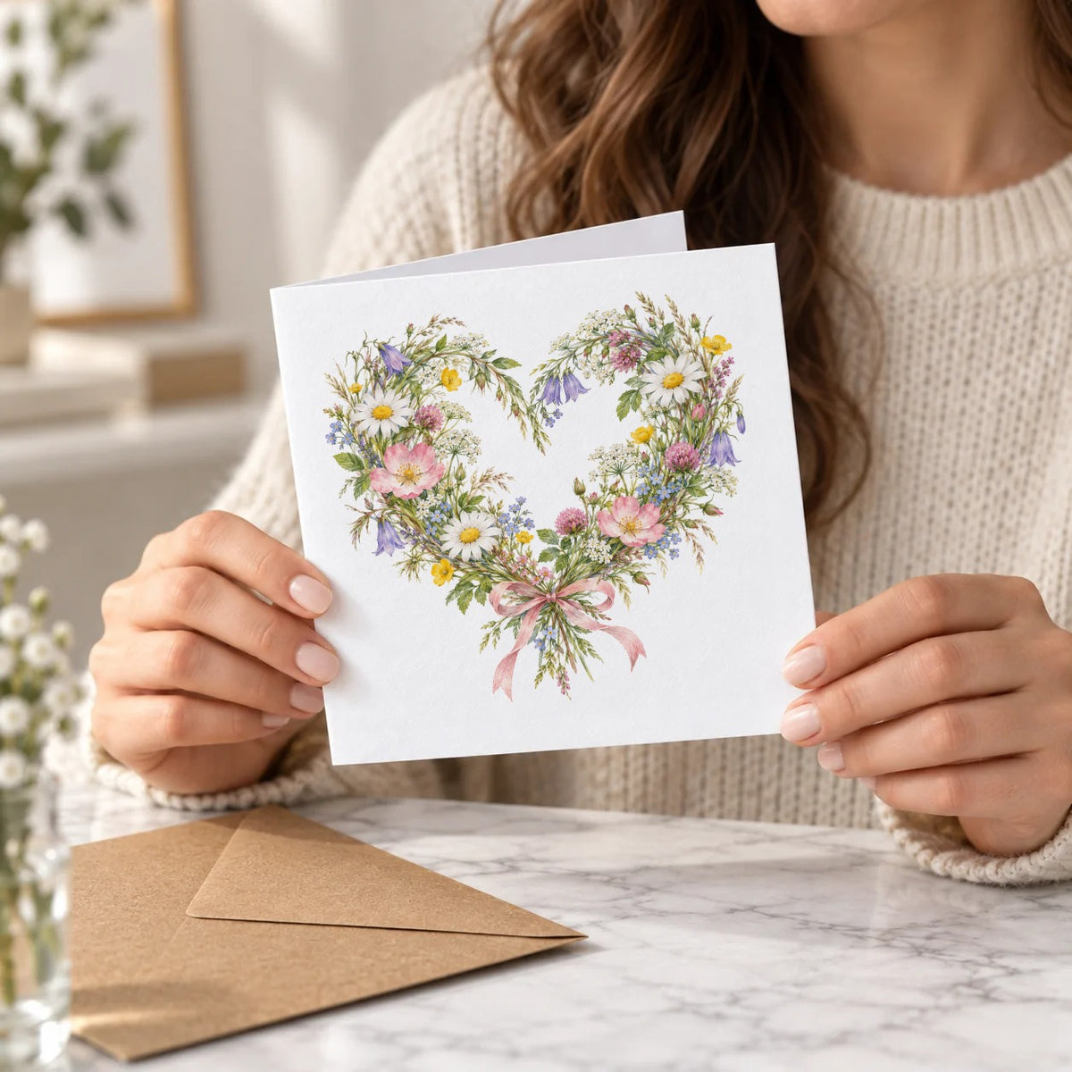 Wildflower Heart Wreath Greeting Card – Held Card