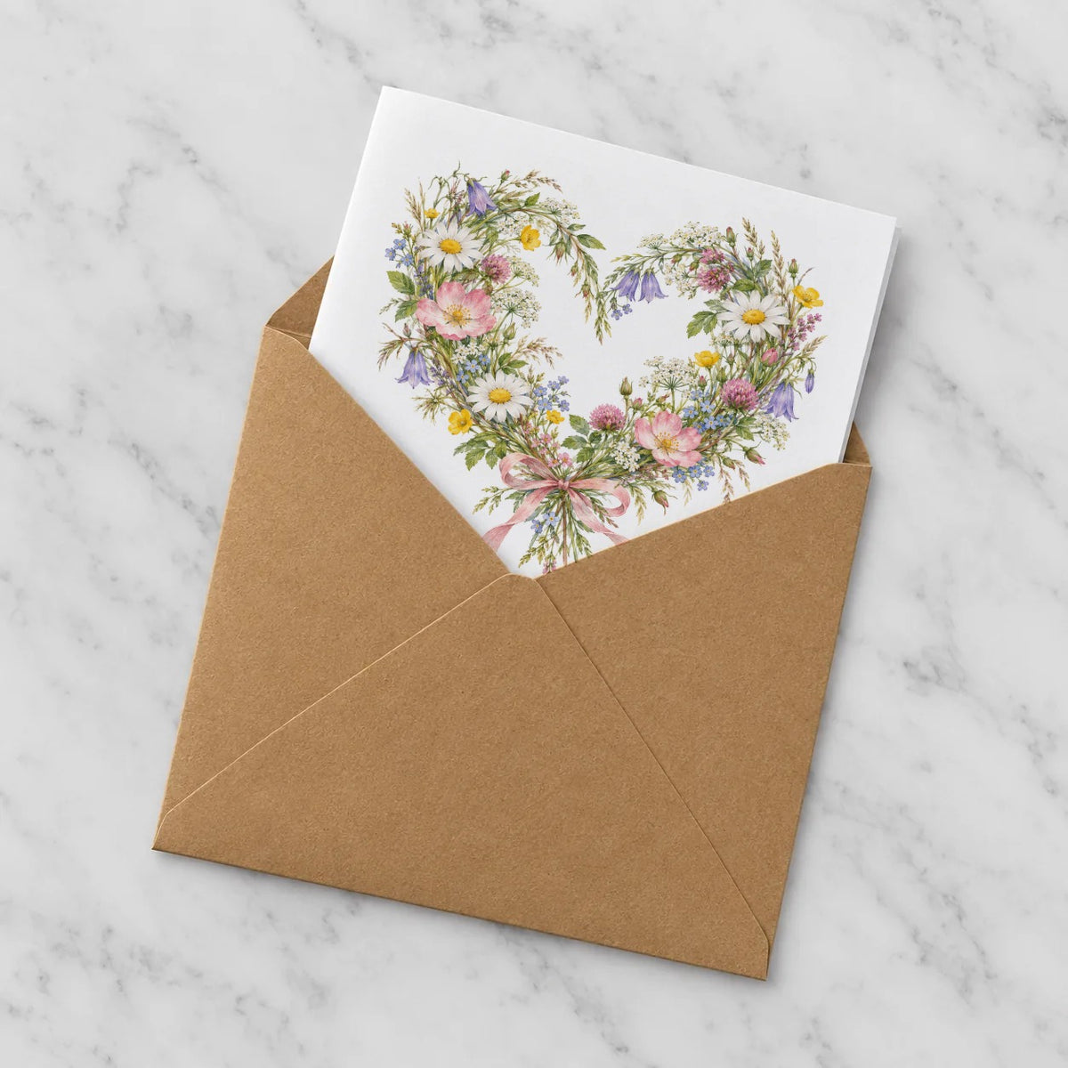 Wildflower Heart Wreath Greeting Card – Half in Envelope