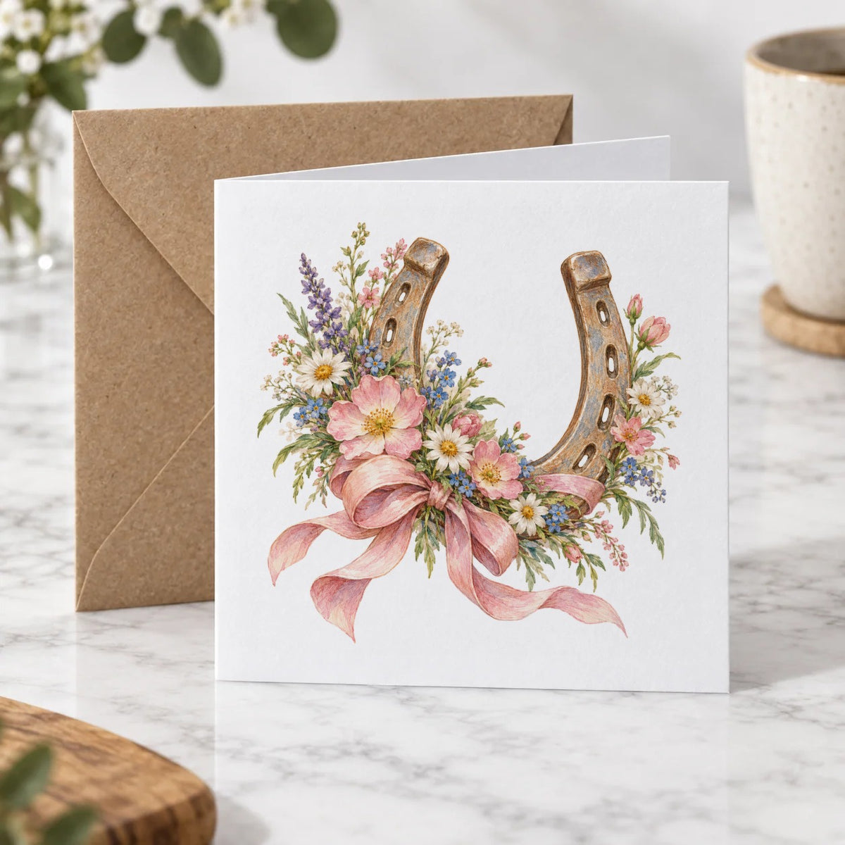 Wildflower Horseshoe and Pink Ribbon Greeting Card – Hero