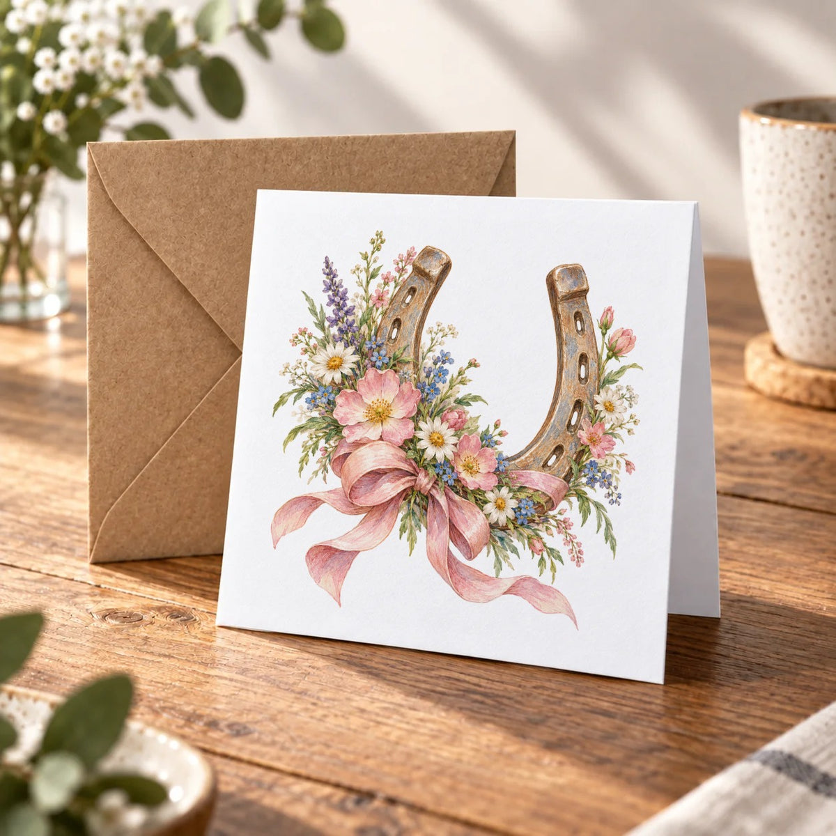 Wildflower Horseshoe and Pink Ribbon Greeting Card – Warm Wood