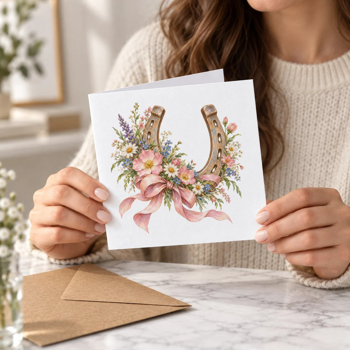 Wildflower Horseshoe and Pink Ribbon Greeting Card – Held Card
