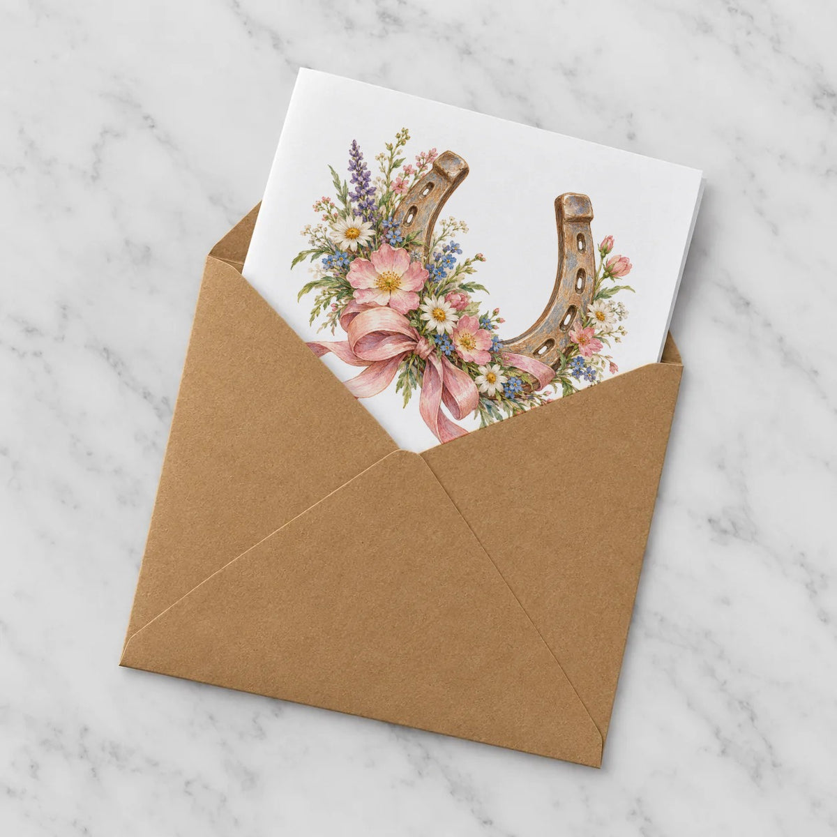 Wildflower Horseshoe and Pink Ribbon Greeting Card – Half in Envelope