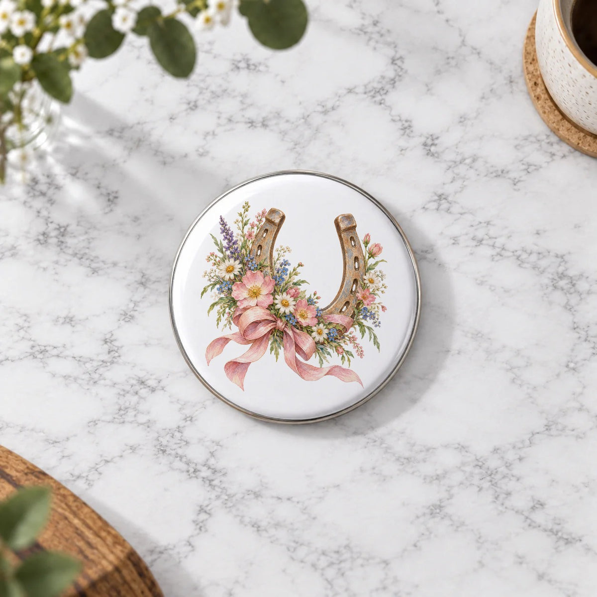 Wildflower Horseshoe and Pink Ribbon Greeting Card – Badge Large