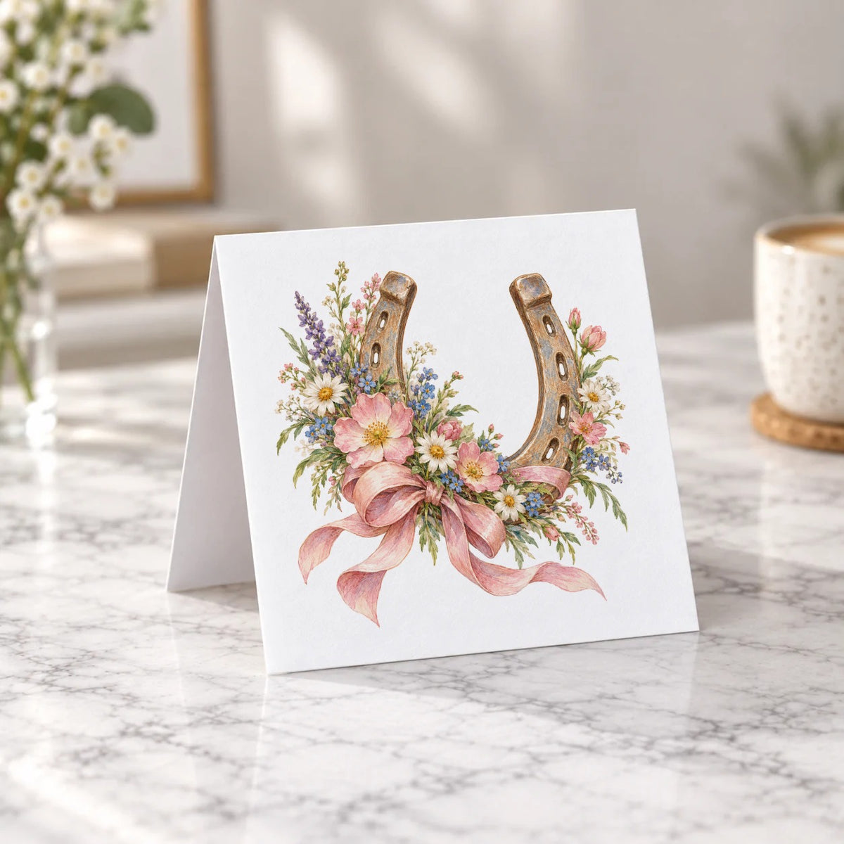 Wildflower Horseshoe and Pink Ribbon Greeting Card – Tent Fold