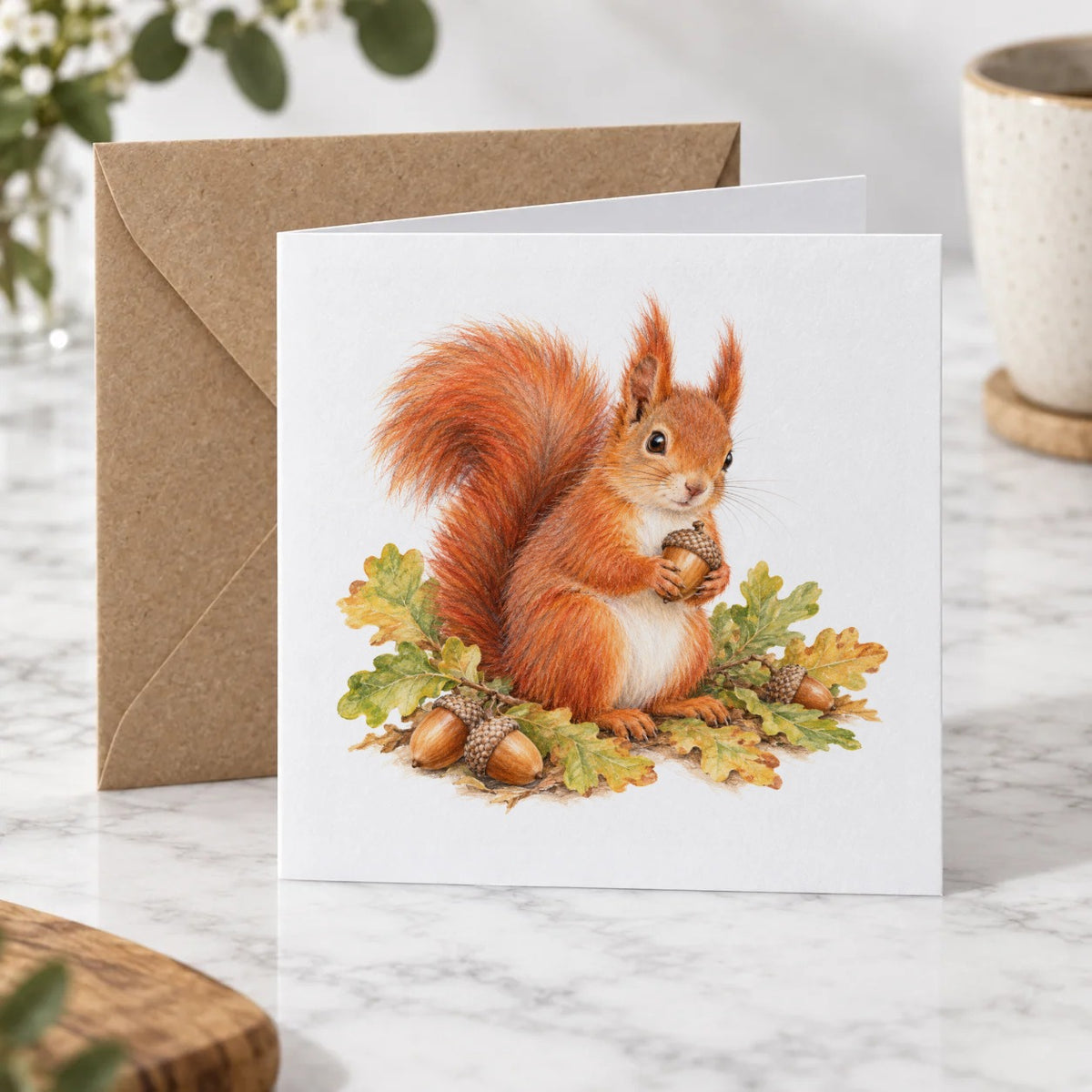 Red Squirrel with Oak Leaves and Acorns Greeting Card – Hero