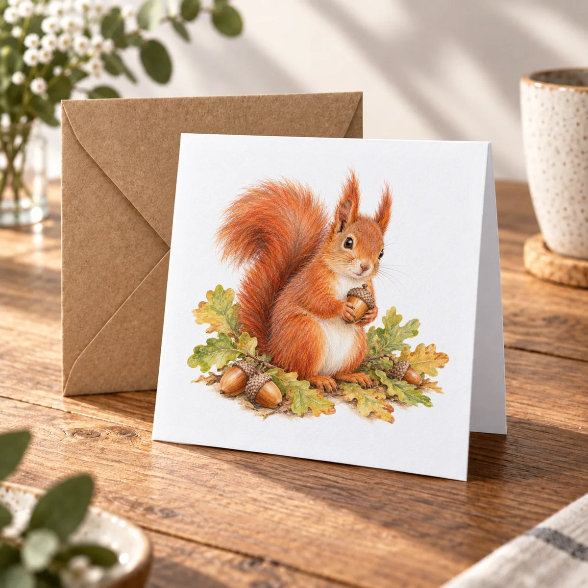 Red Squirrel with Oak Leaves and Acorns Greeting Card – Warm Wood