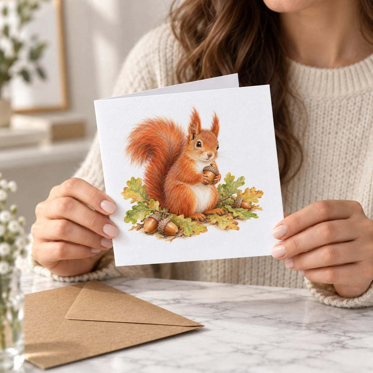 Red Squirrel with Oak Leaves and Acorns Greeting Card – Held Card