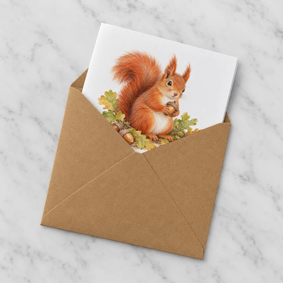 Red Squirrel with Oak Leaves and Acorns Greeting Card – Half in Envelope