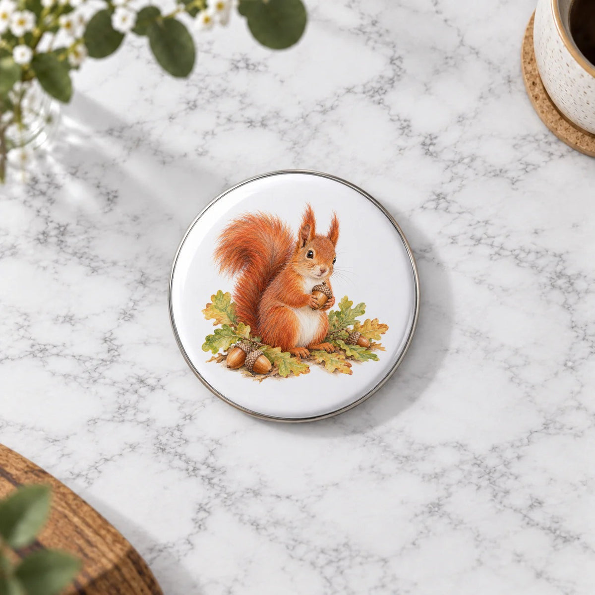 Red Squirrel with Oak Leaves and Acorns Greeting Card – Badge Large