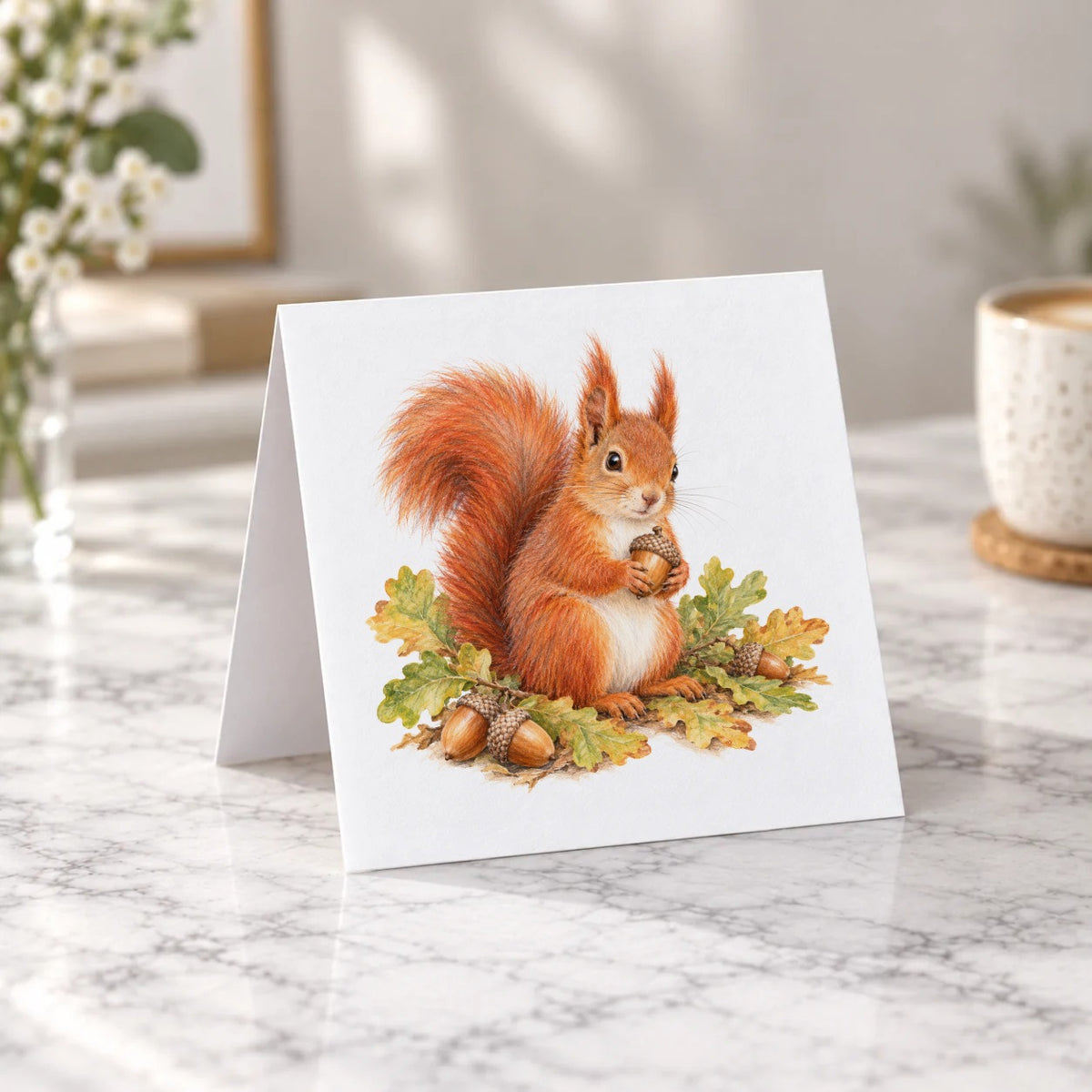 Red Squirrel with Oak Leaves and Acorns Greeting Card – Tent Fold