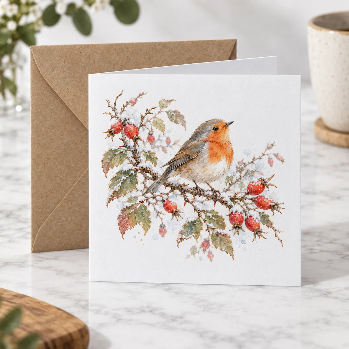 Winter Robin and Rosehips Greeting Card – Hero