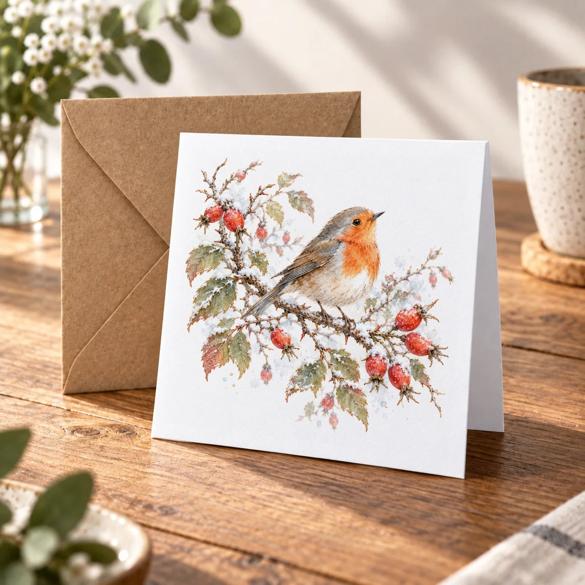 Winter Robin and Rosehips Greeting Card – Warm Wood