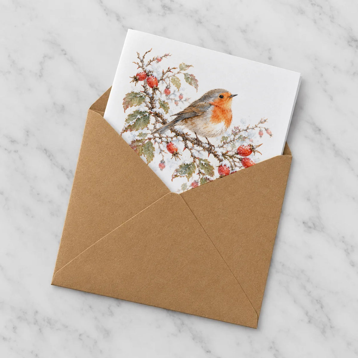 Winter Robin and Rosehips Greeting Card – Half in Envelope