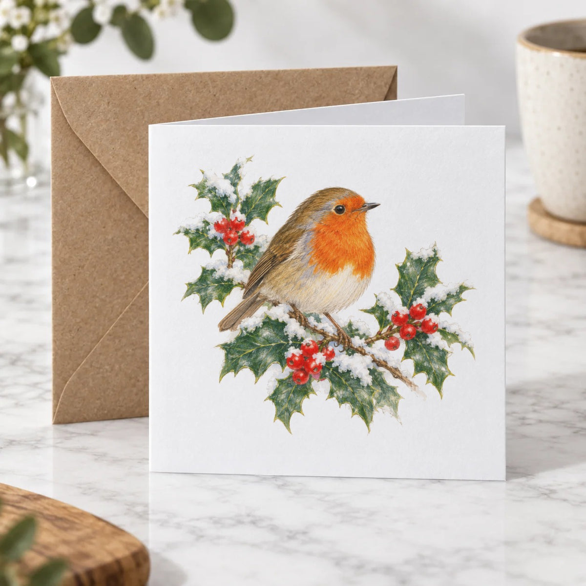 Winter Robin and Holly Greeting Card – Hero