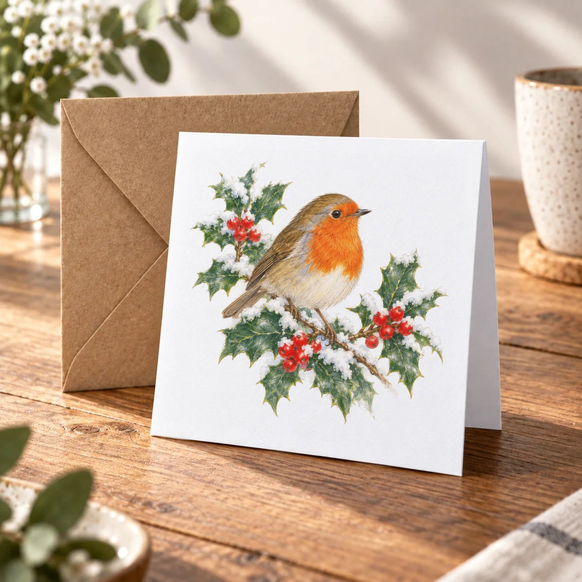 Winter Robin and Holly Greeting Card – Warm Wood
