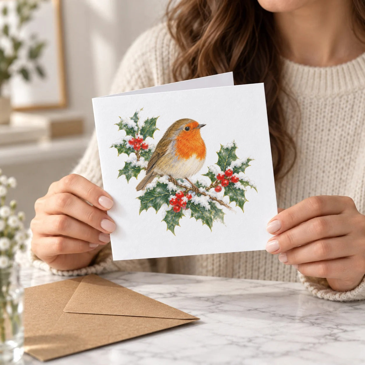 Winter Robin and Holly Greeting Card – Held Card